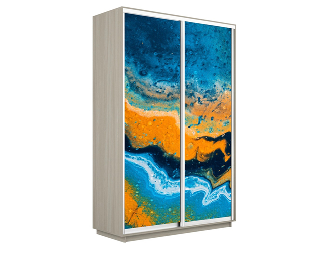 Шкаф-купе Экспресс 2-х дверный (Фото №1006 Абстракция оранжево-голубая), Ясень Шимо светлый